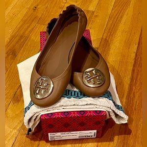 Tory Burch Minnie Travel Ballet Flat, Metal Logo, Royal Tan, 7.5